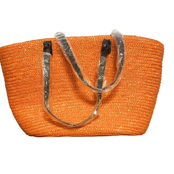 Neiman Marcus Large Straw Tote Bag Orange Boho Tropical Beach Vacation Hawaii - Picture 5 of 12
